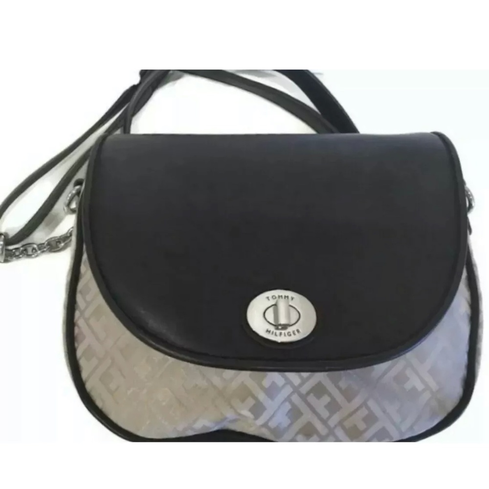 Tommy Hilfiger Logo Print Crossbody Saddle Handbag Ivory Brown